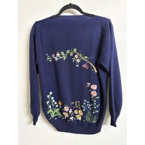 Vintage 60s CYN LES‎ Embroidered Sweater Size M (44) Shirlee Floral Boat Neck
